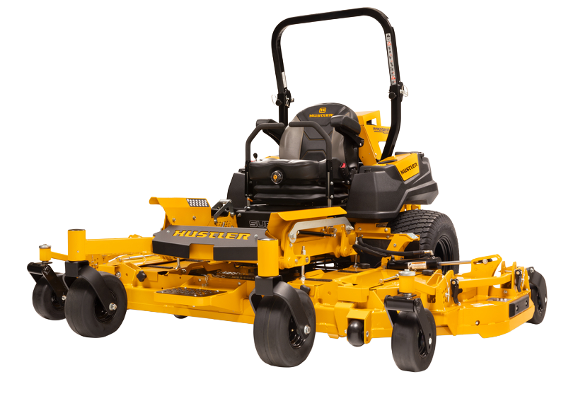 Hustler Super 104 mower with the full wing deck and rollover bar